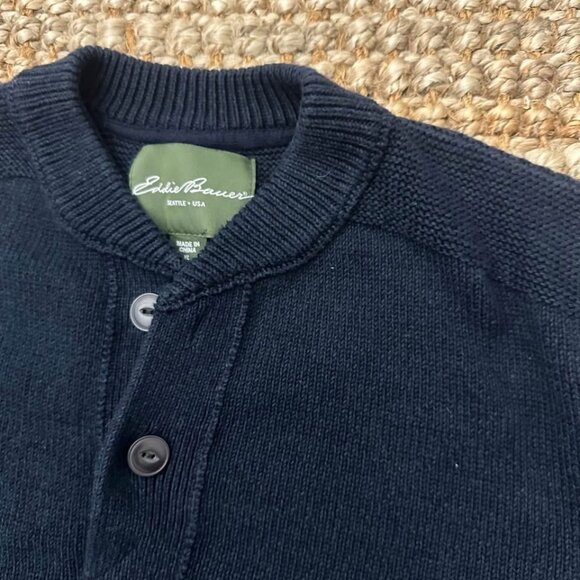 Eddie Bauer Navy Chunky Sweater Henley Fishermen’s Knit XL 1/4 Button Mock - Picture 1 of 6